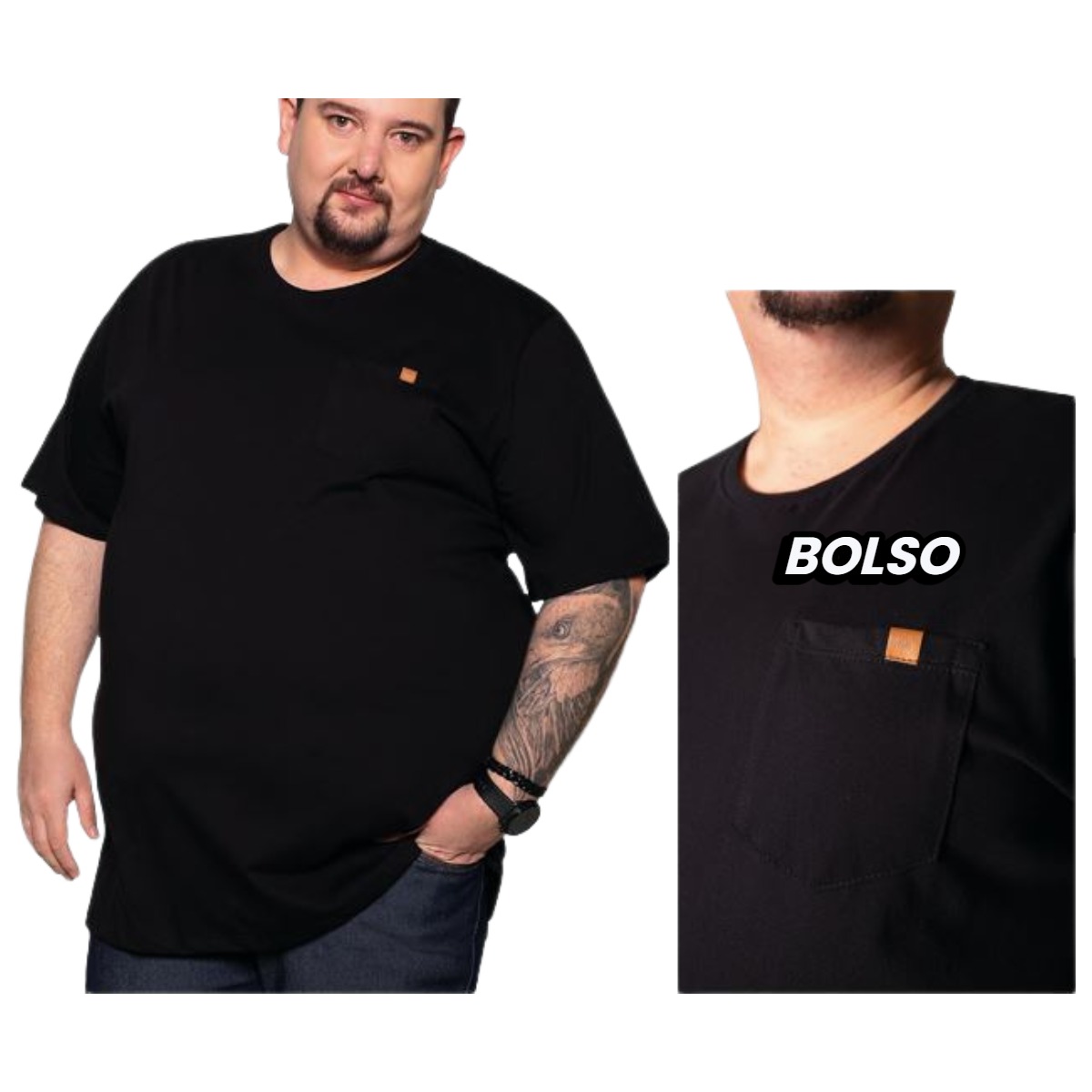 Camiseta Plus Gola Redonda Lisa C/Bolso P...